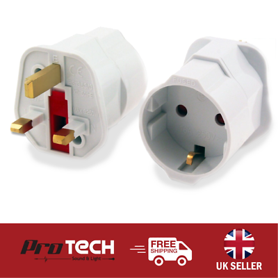 Euro to UK Visitor Adapter Schuko 2 Pin to UK 3 Pin Plug Mains Travel